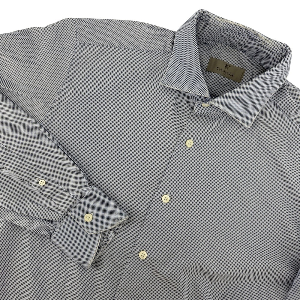 Canali Dress Shirt Mens 41 16 Blue White Micro Geometric Long Sleeve Italy